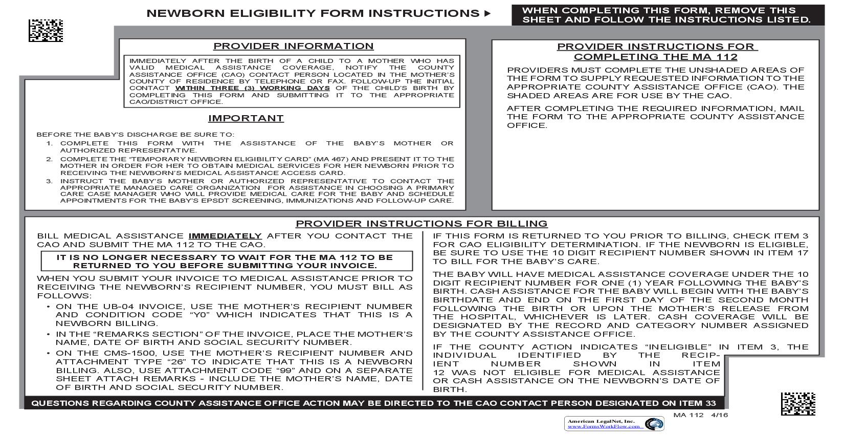 Newborn Eligibility {MA 112} | Pdf Fpdf Doc Docx | Pennsylvania