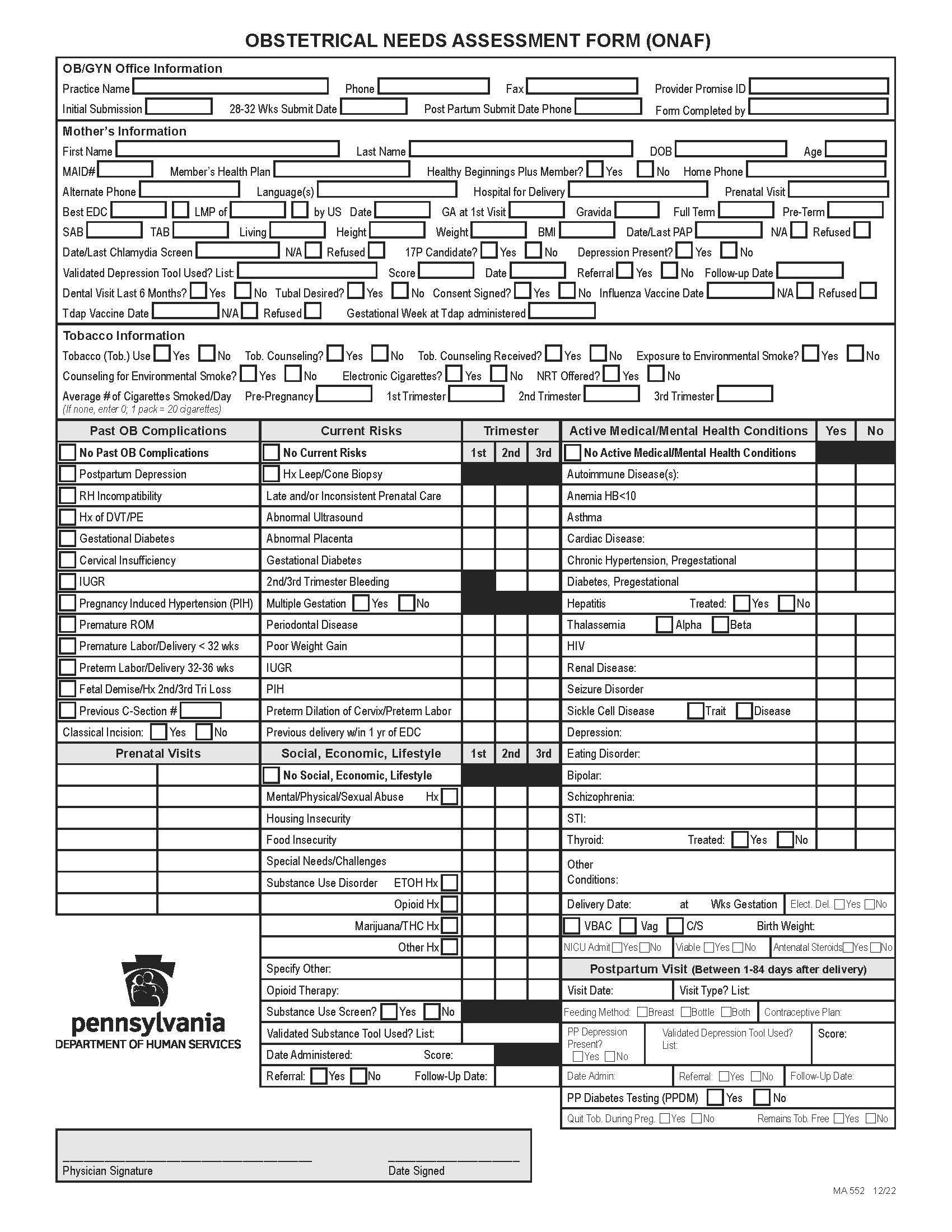 Obstetrical Needs Assessment Form (ONAF) {MA 552} | Pdf Fpdf Docx | Pennsylvania