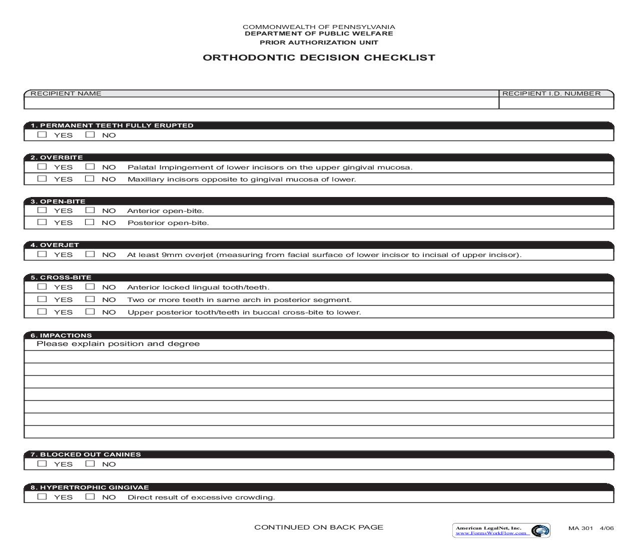 Orthodontic Decision Checklist {MA 301} | Pdf Fpdf Doc Docx | Pennsylvania