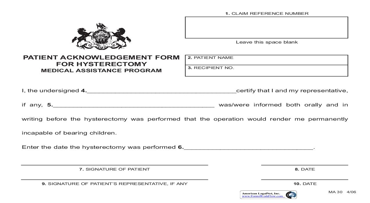 Patient Acknowledgement For Hysterectomy {MA 30} | Pdf Fpdf Doc Docx | Pennsylvania