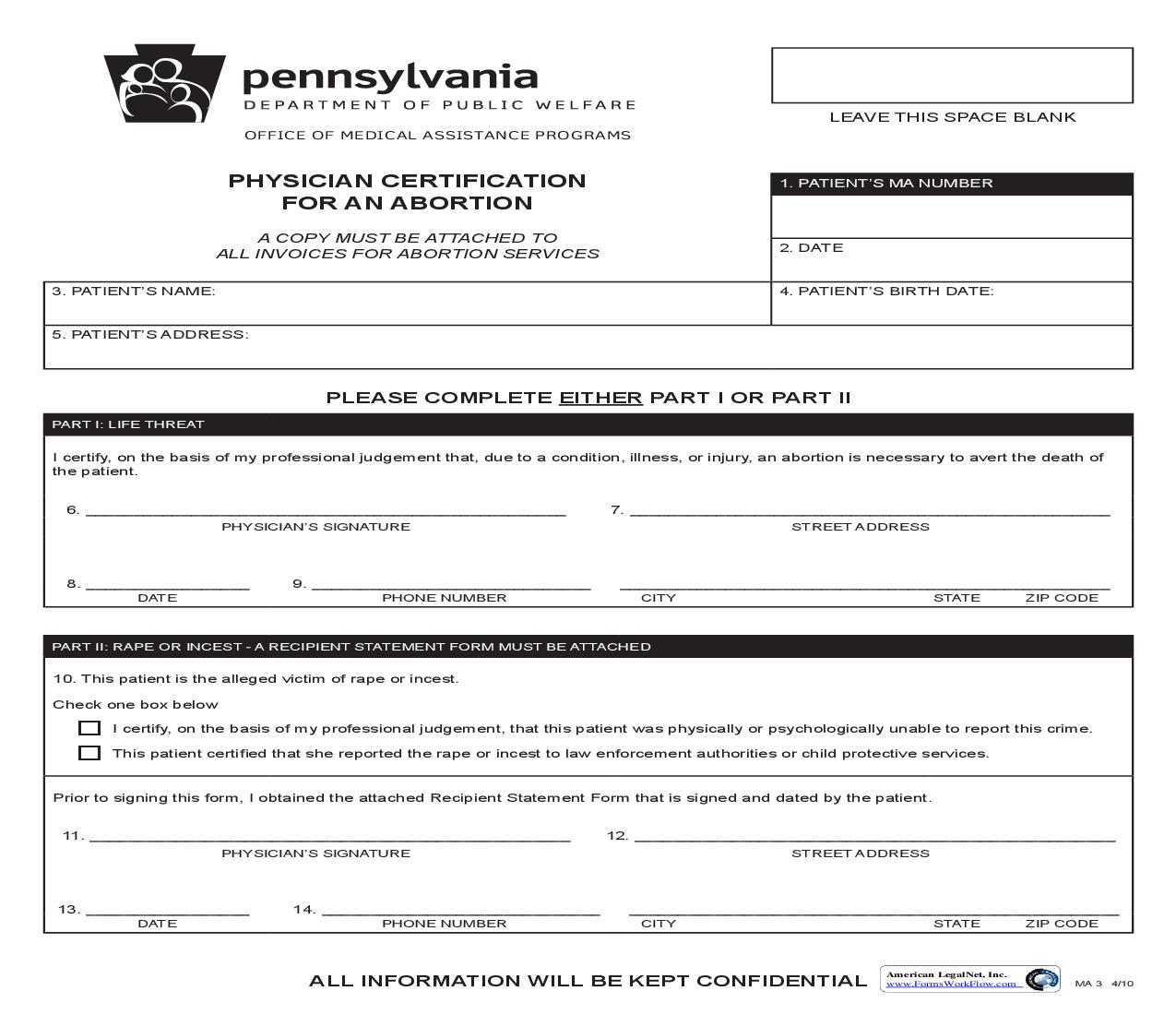 Physician Certification For An Abortion {MA 3} | Pdf Fpdf Doc Docx | Pennsylvania