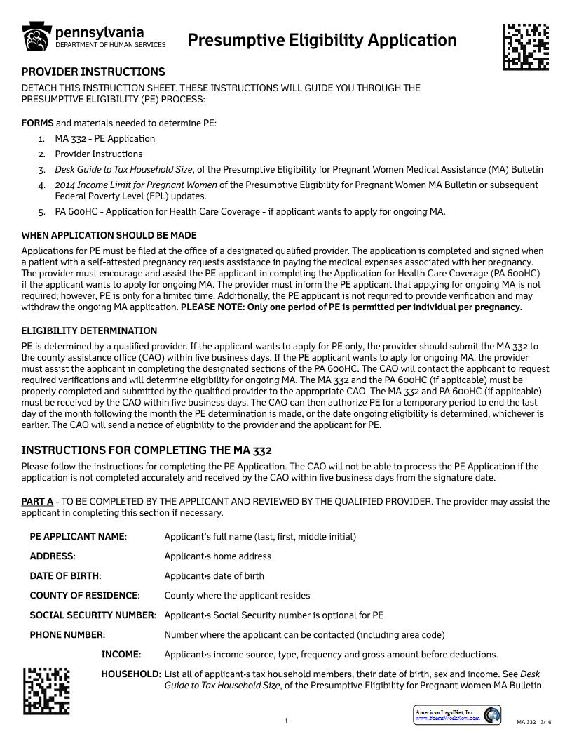 Presumptive Eligibility Application {MA 332} | Pdf Fpdf Docx | Pennsylvania