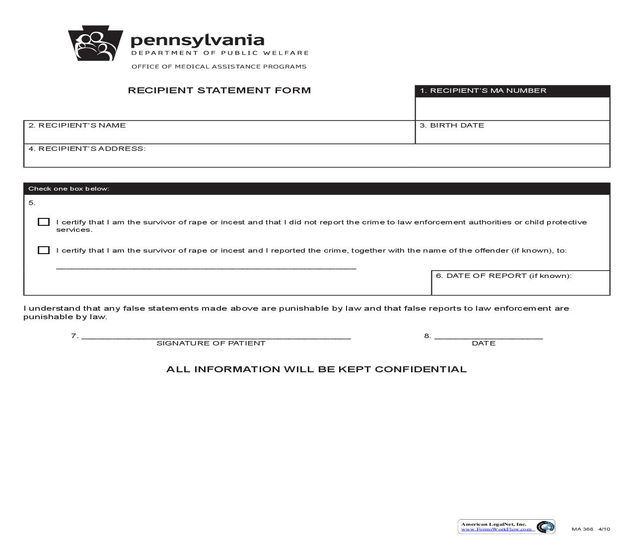 Recipient Statement Form {MA 368} | Pdf Fpdf Doc Docx | Pennsylvania
