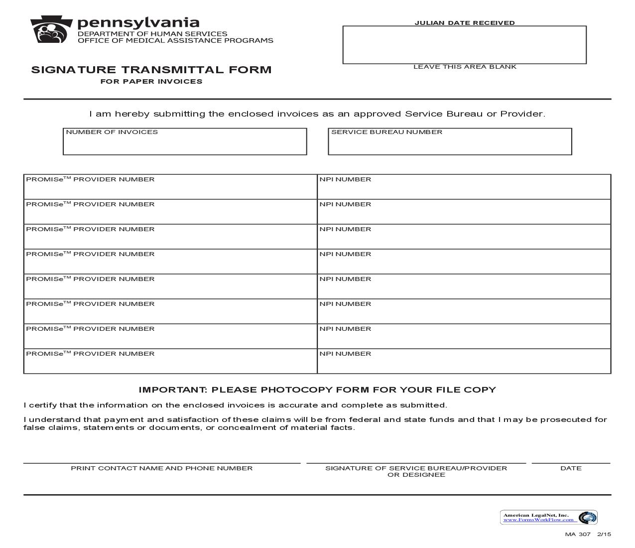 Signature Transmittal For Paper Invoices {MA 307} | Pdf Fpdf Doc Docx | Pennsylvania