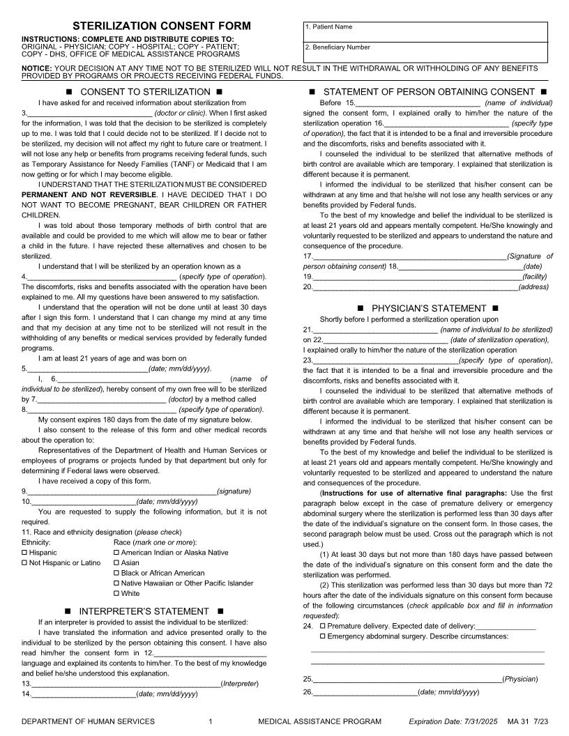 Sterilization Consent {MA 31} | Pdf Fpdf Doc Docx | Pennsylvania