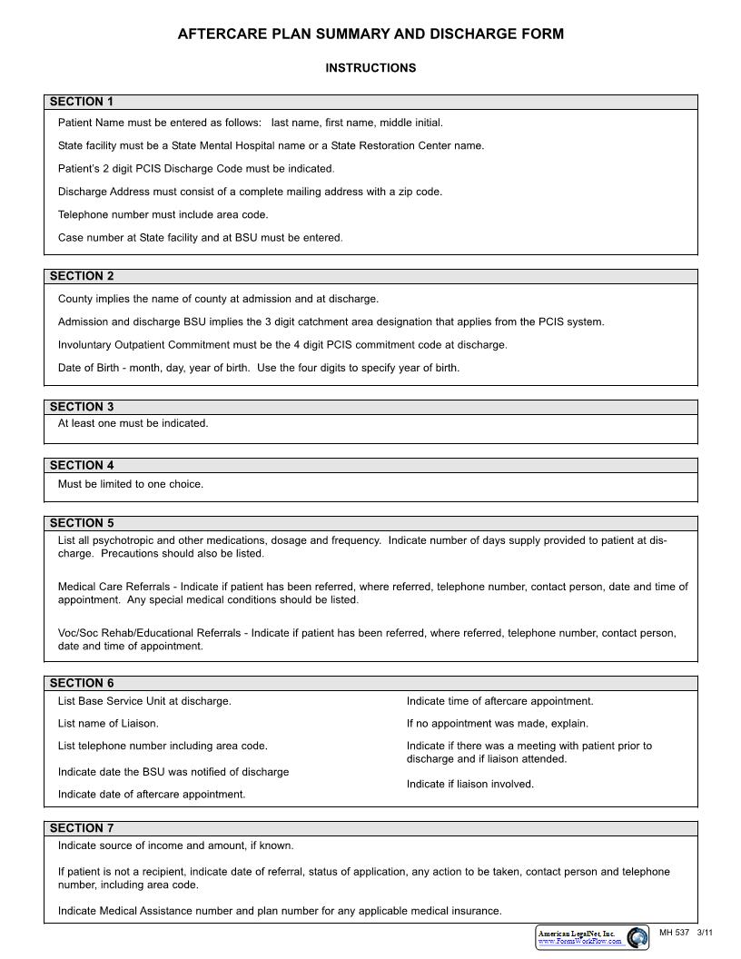 Aftercare Plan Summary And Discharge {MH 537} | Pdf Fpdf Docx | Pennsylvania