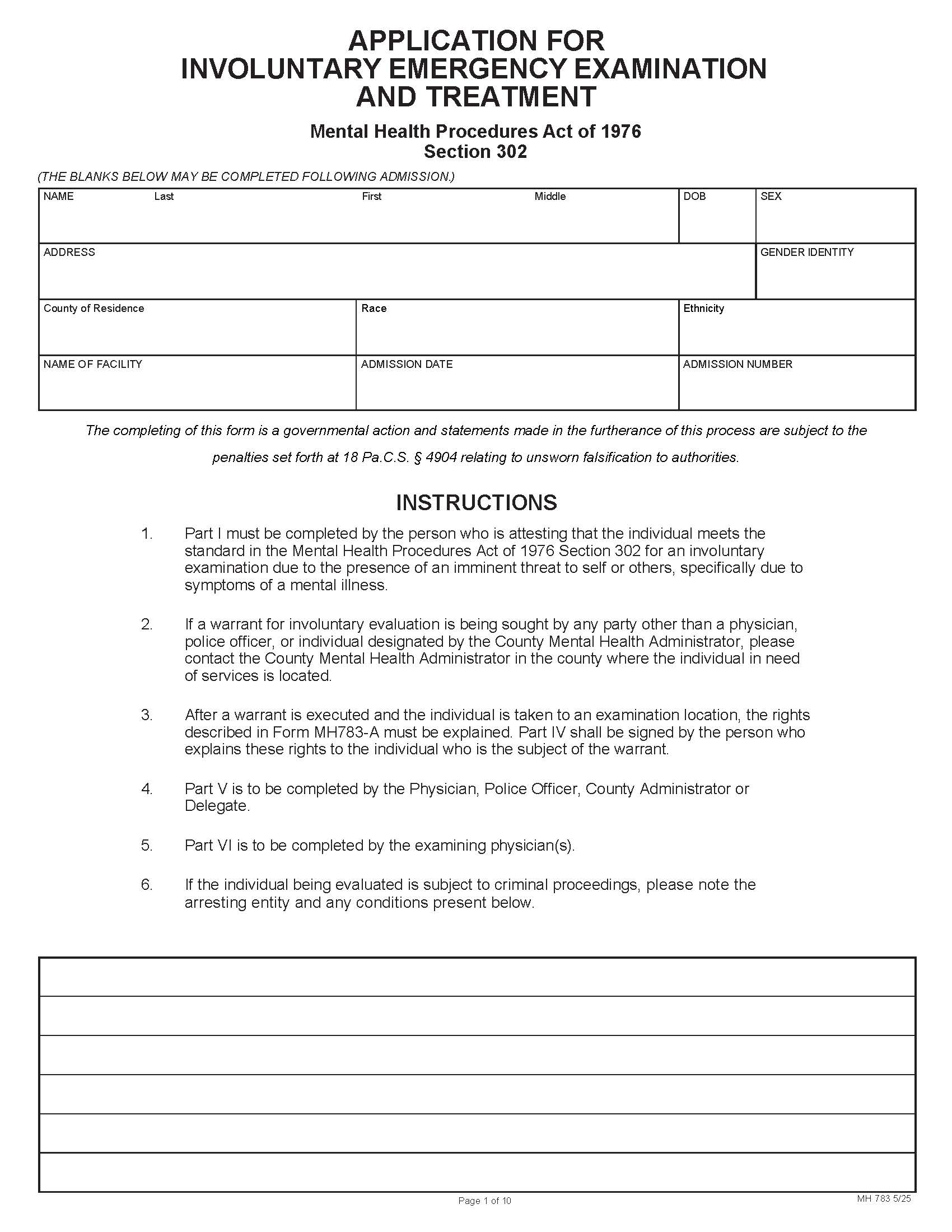 Application For Involuntary Emergency Examination And Teatment {MH 783} | Pdf Fpdf Doc Docx | Pennsylvania