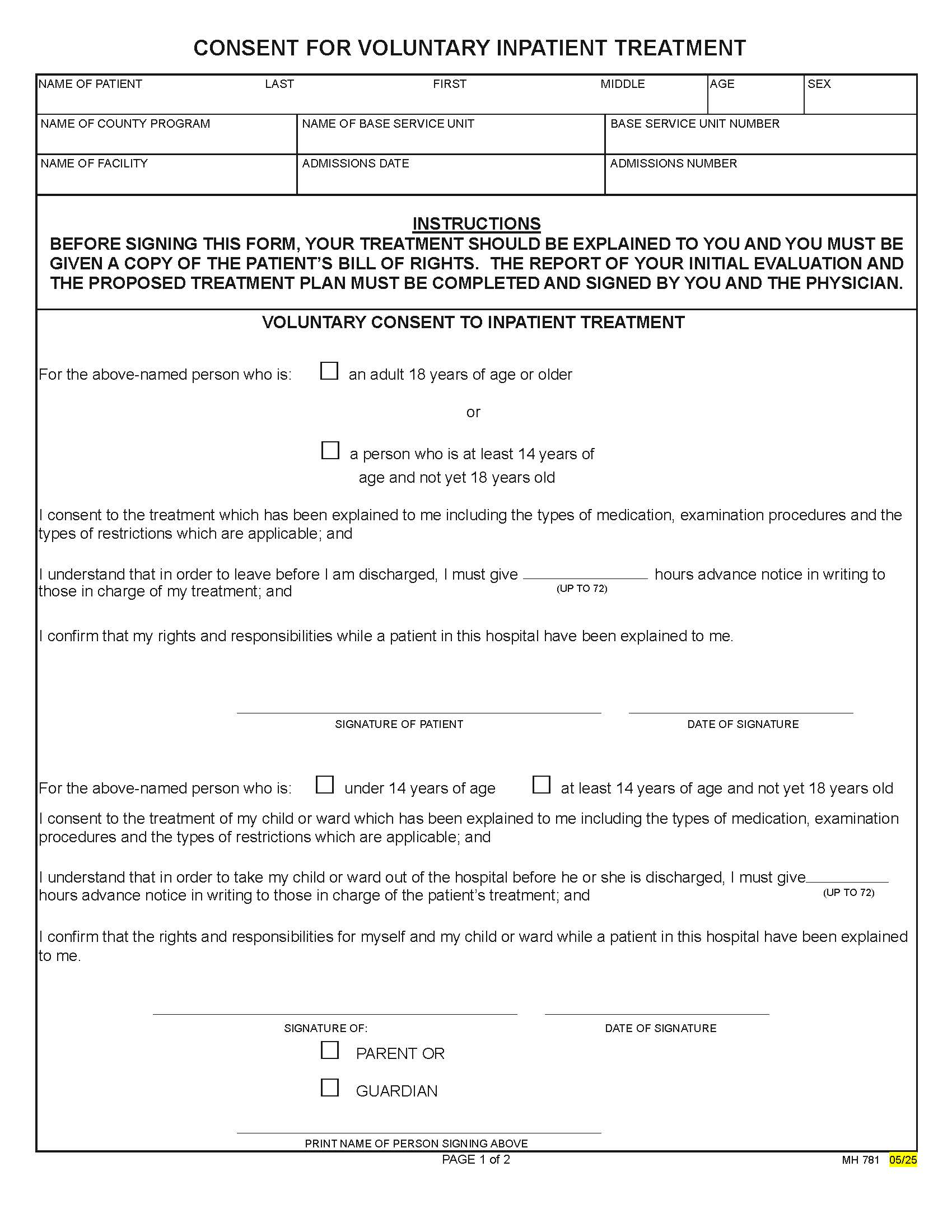 Consent For Voluntary Inpatient Treatment {MH 781} | Pdf Fpdf Doc Docx | Pennsylvania