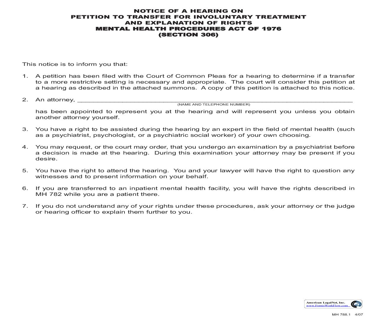 Notice Of A Hearing On Petition To Transfer For Involuntary Treatment {MH 788.1} | Pdf Fpdf Doc Docx | Pennsylvania