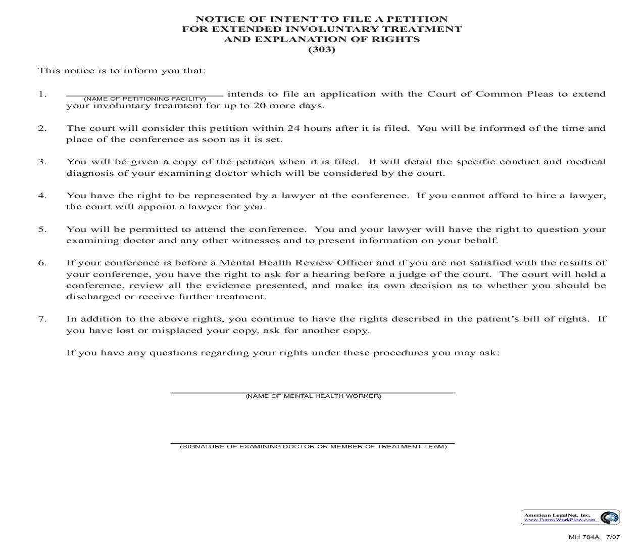 Notice Of Intent To File A Petition For Extended Involuntary Treatement {MH 784A} | Pdf Fpdf Doc Docx | Pennsylvania