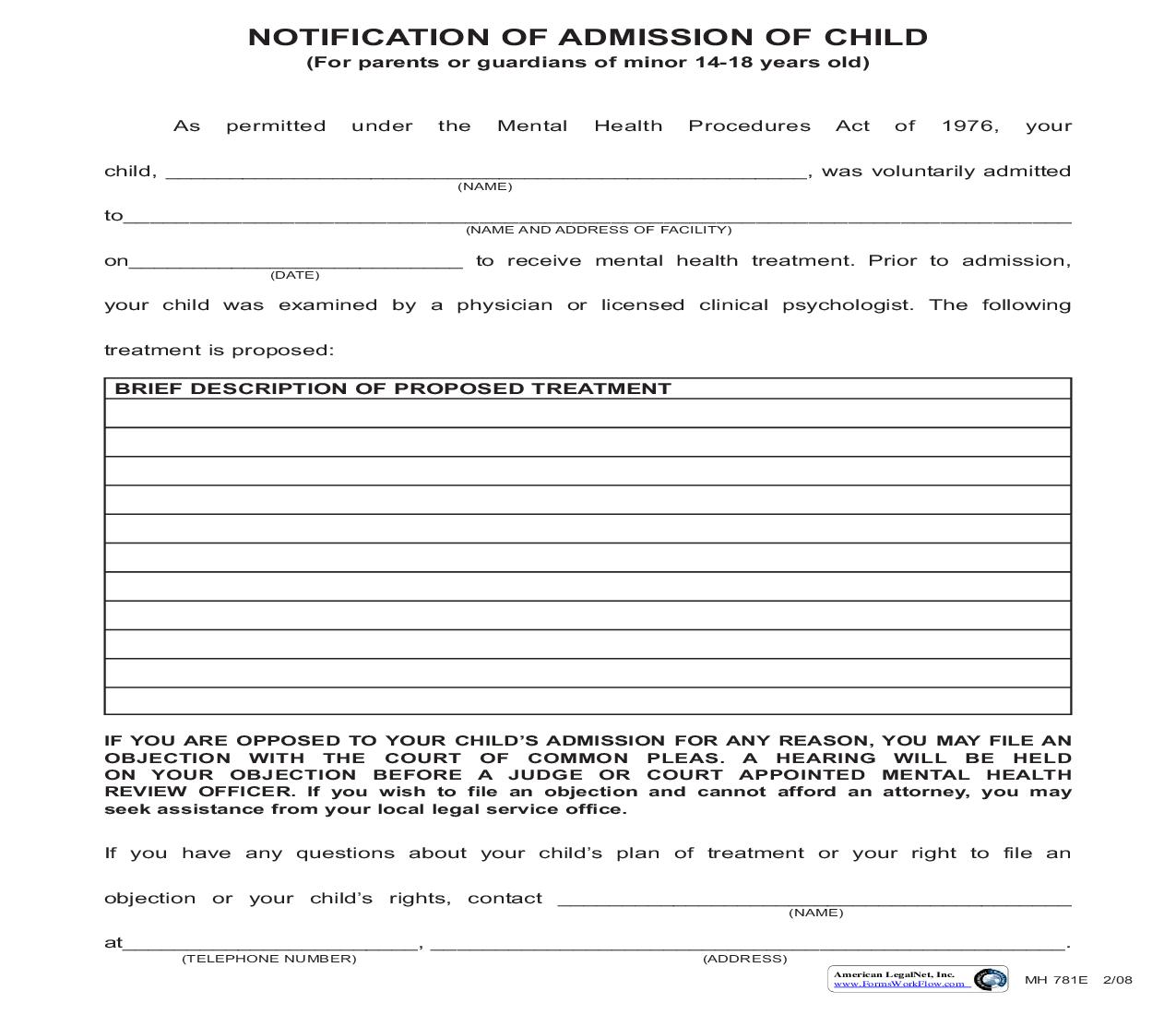 Notification Of Admission Of Child {MH 781E} | Pdf Fpdf Doc Docx | Pennsylvania