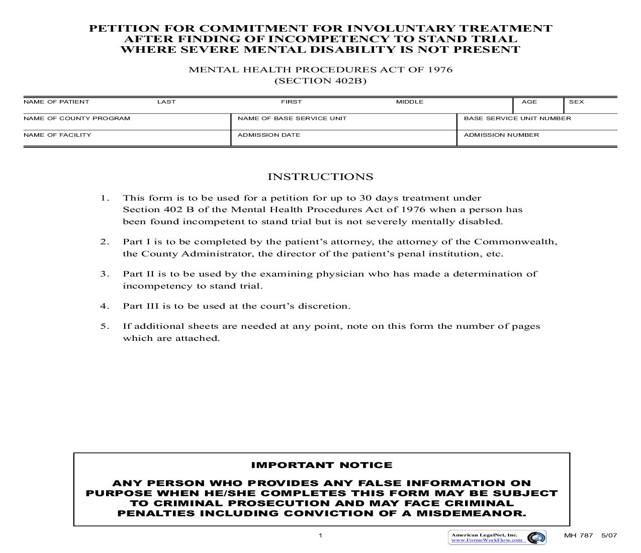 Petition For Commitment For Involuntary Treatment Where Severe Mental Disability Is Not Present {MH 787} | Pdf Fpdf Doc Docx | Pennsylvania