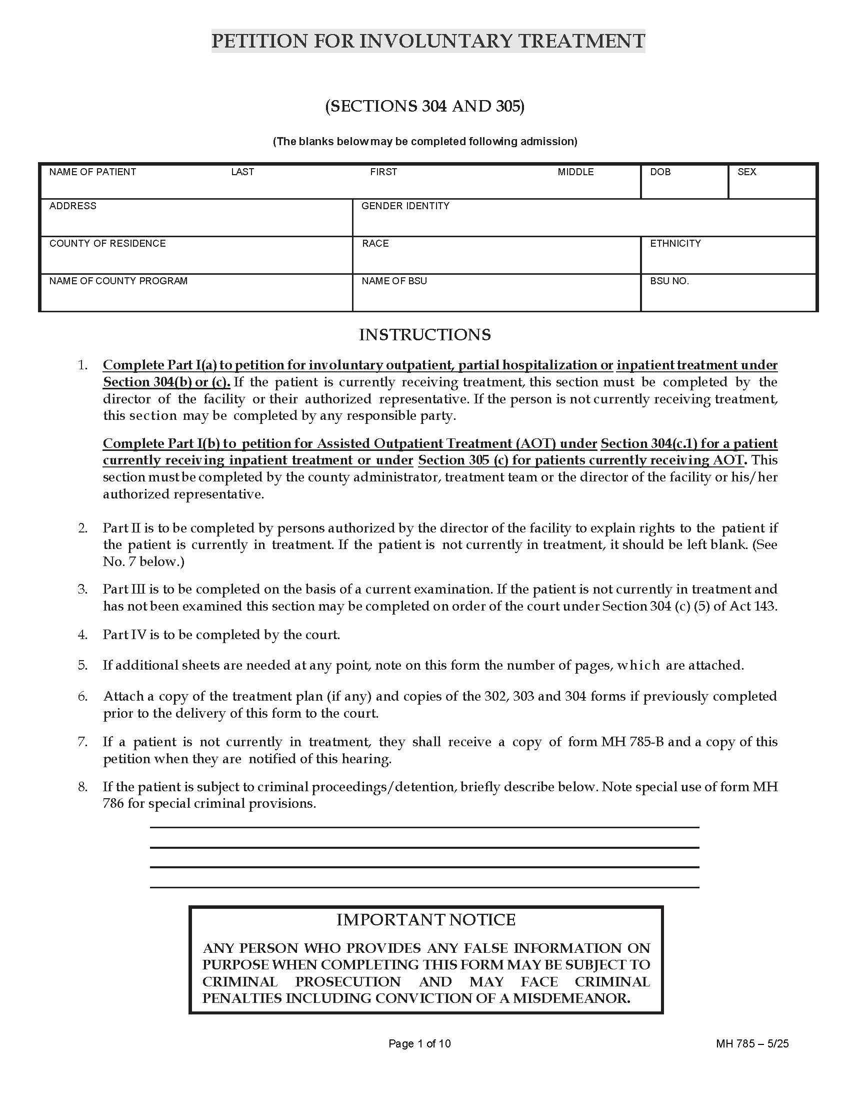 Petition For Involuntary Treatment {MH 785} | Pdf Fpdf Docx | Pennsylvania