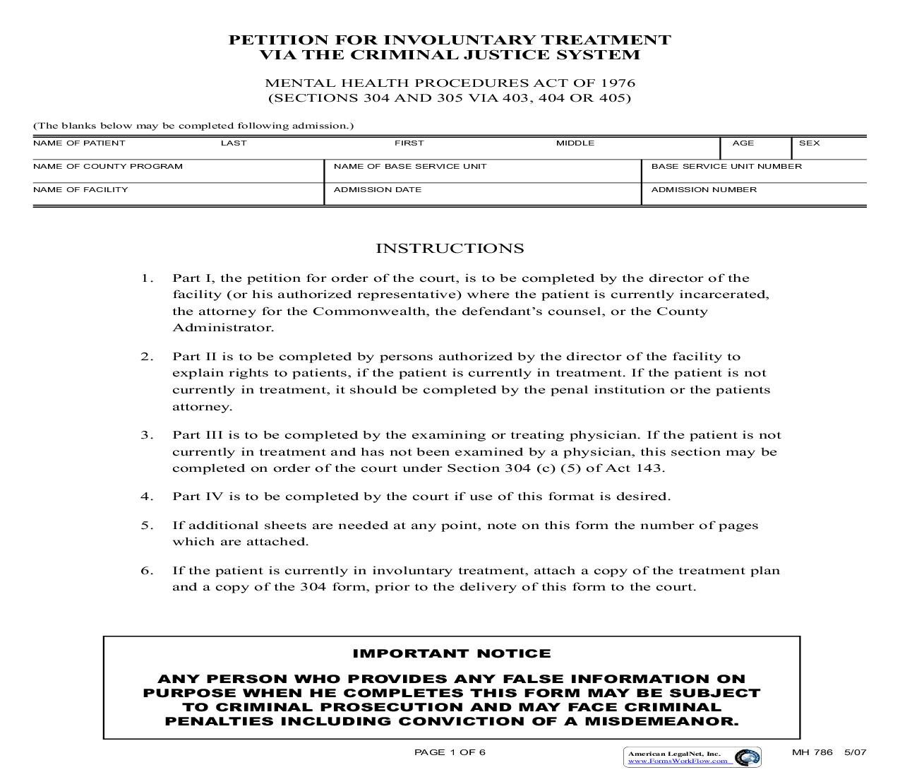 Petition For Involuntary Treatment Via The Criminal Justice System {MH 786} | Pdf Fpdf Doc Docx | Pennsylvania
