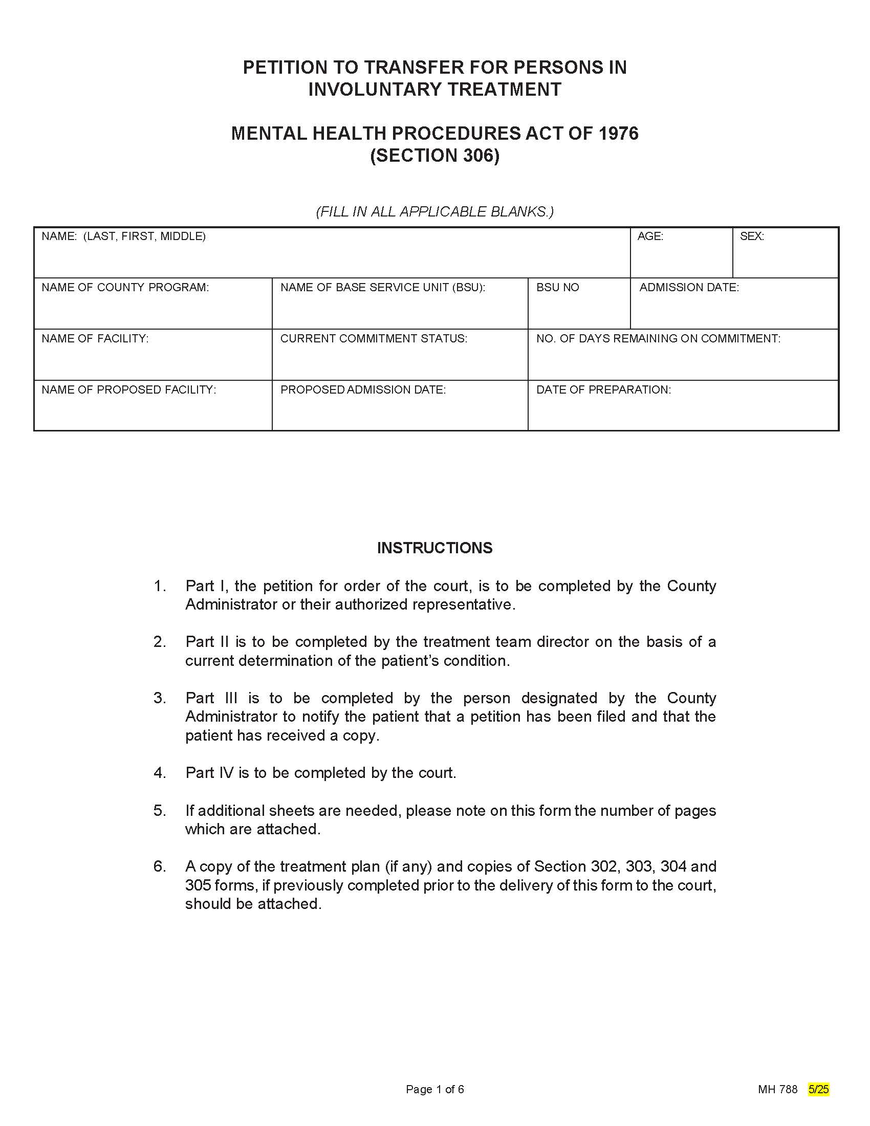 Petition To Transfer For Persons In Involuntary Tretment {MH 788} | Pdf Fpdf Doc Docx | Pennsylvania