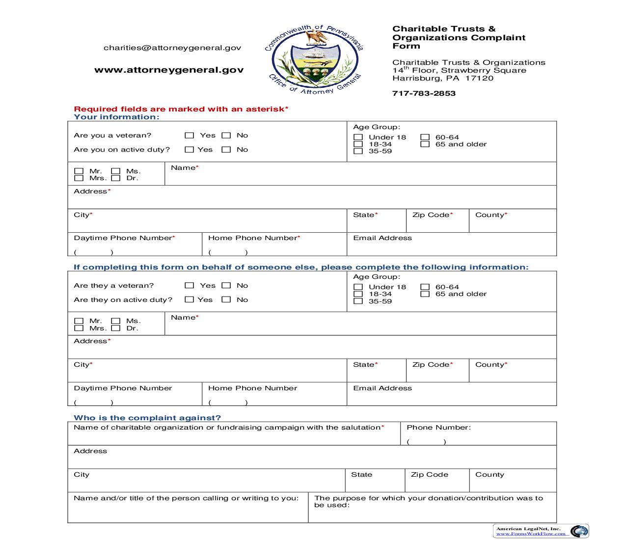 Charitable Trusts And Organizations Complaint Form | Pdf Fpdf Doc Docx | Pennsylvania