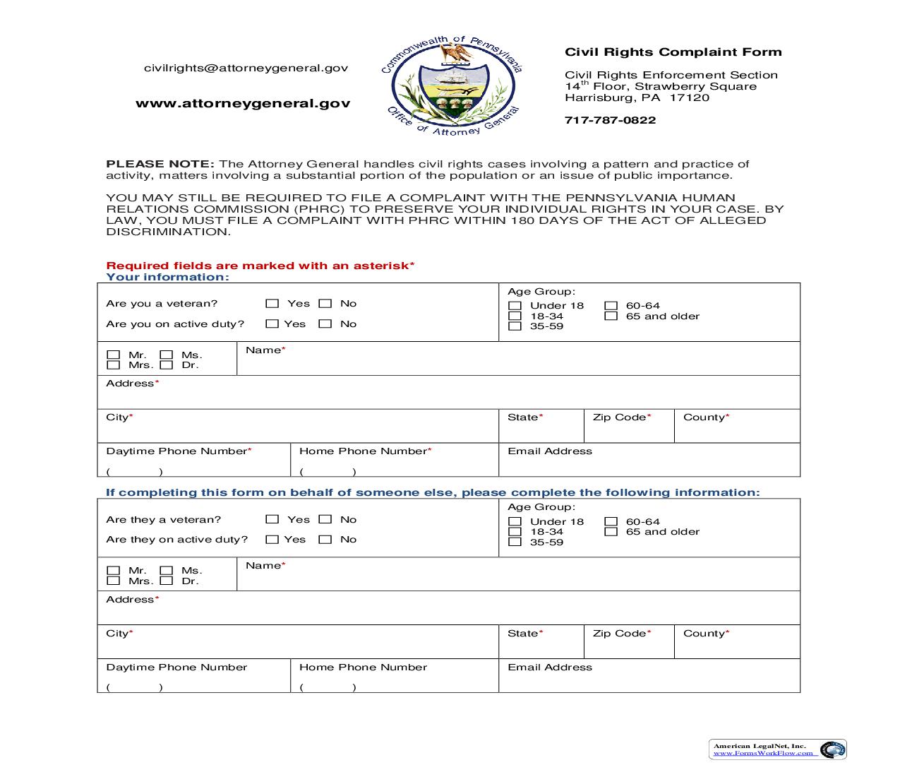 Civil Rights Complaint Form | Pdf Fpdf Doc Docx | Pennsylvania