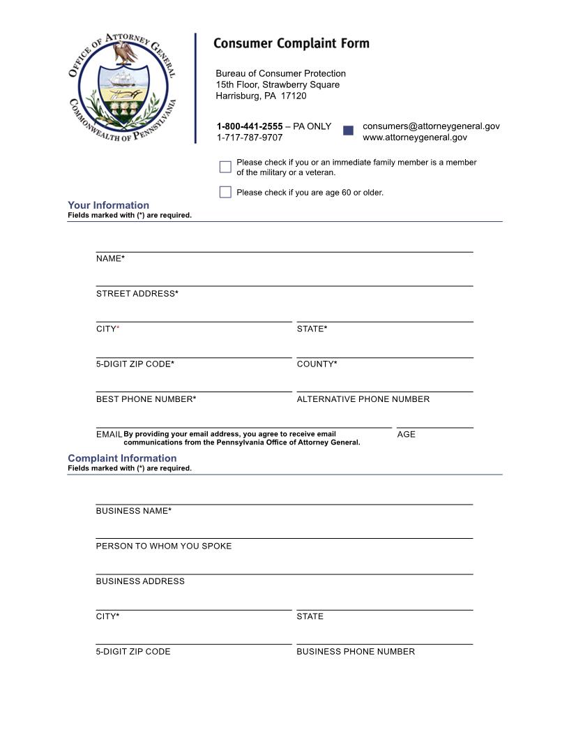 Consumer Complaint Form | Pdf Fpdf Docx | Pennsylvania