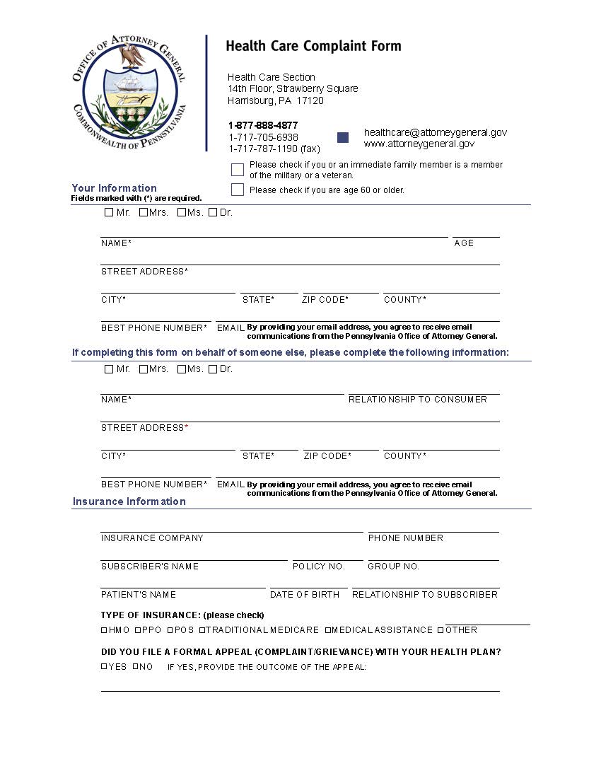 Health Care Complaint Form | Pdf Fpdf Doc Docx | Pennsylvania