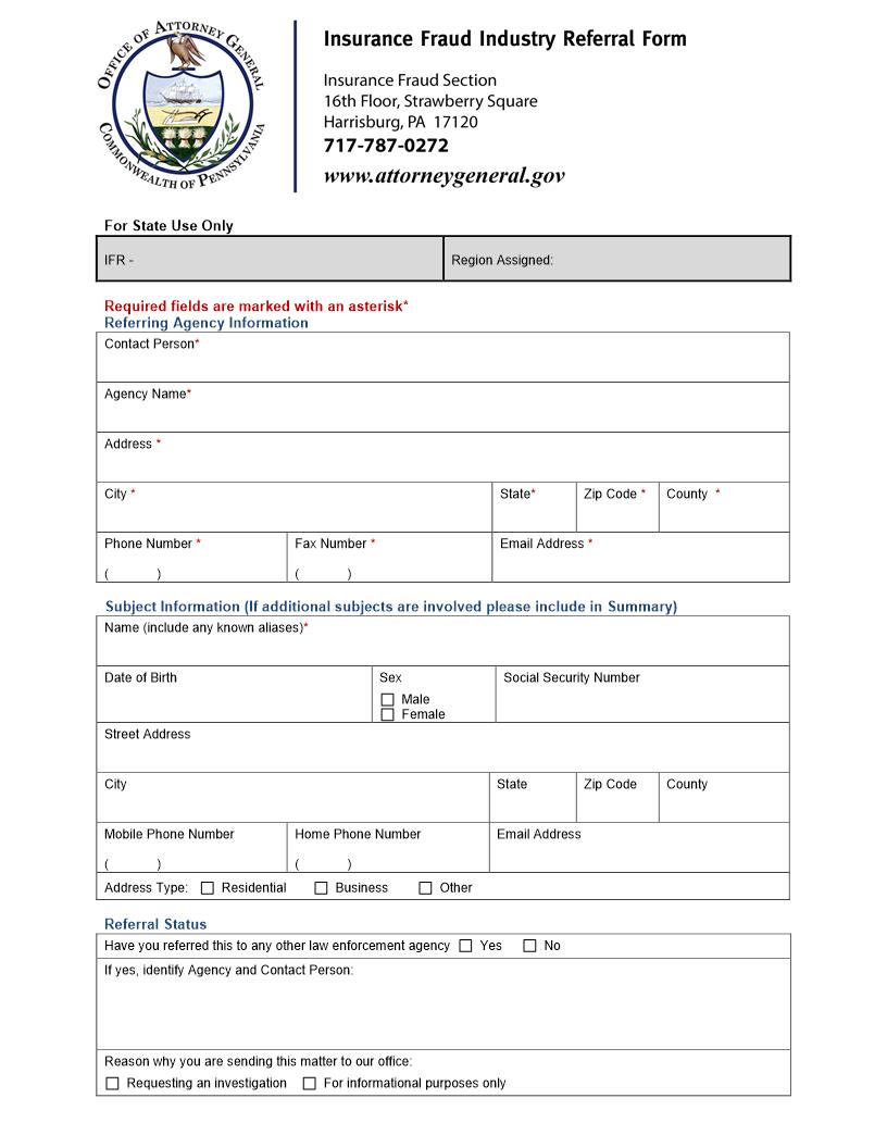 Insurance Fraud Industry Referral Form | Pdf Fpdf Doc Docx | Pennsylvania