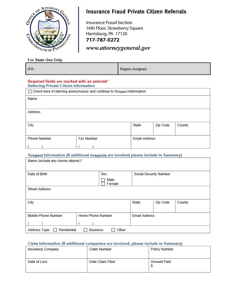 Insurance Fraud Private Citizen Referrals | Pdf Fpdf Doc Docx | Pennsylvania