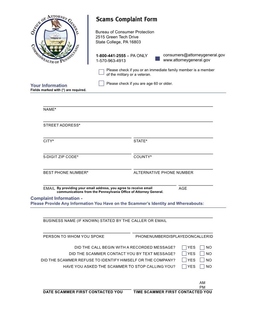 Scams Complaint Form | Pdf Fpdf Docx | Pennsylvania