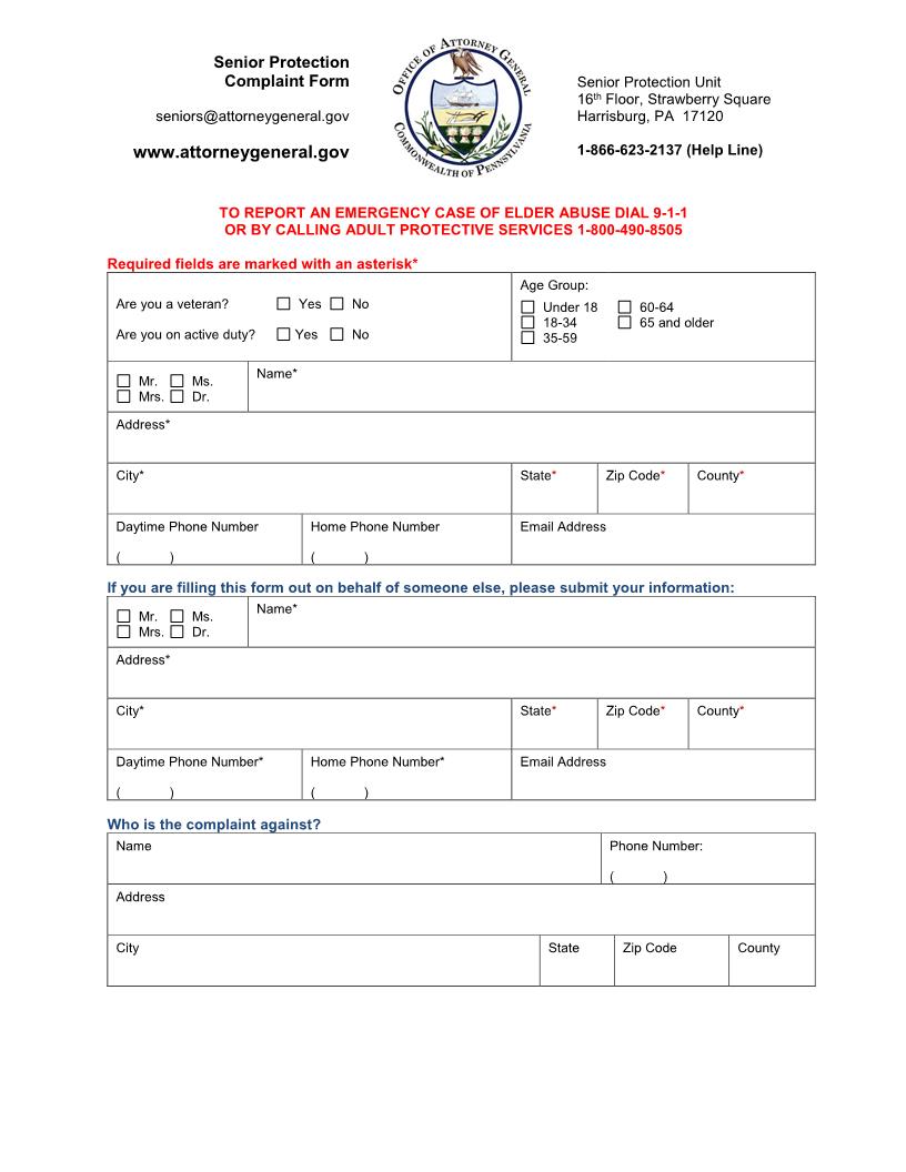 Senior Protection Complaint Form | Pdf Fpdf Docx | Pennsylvania