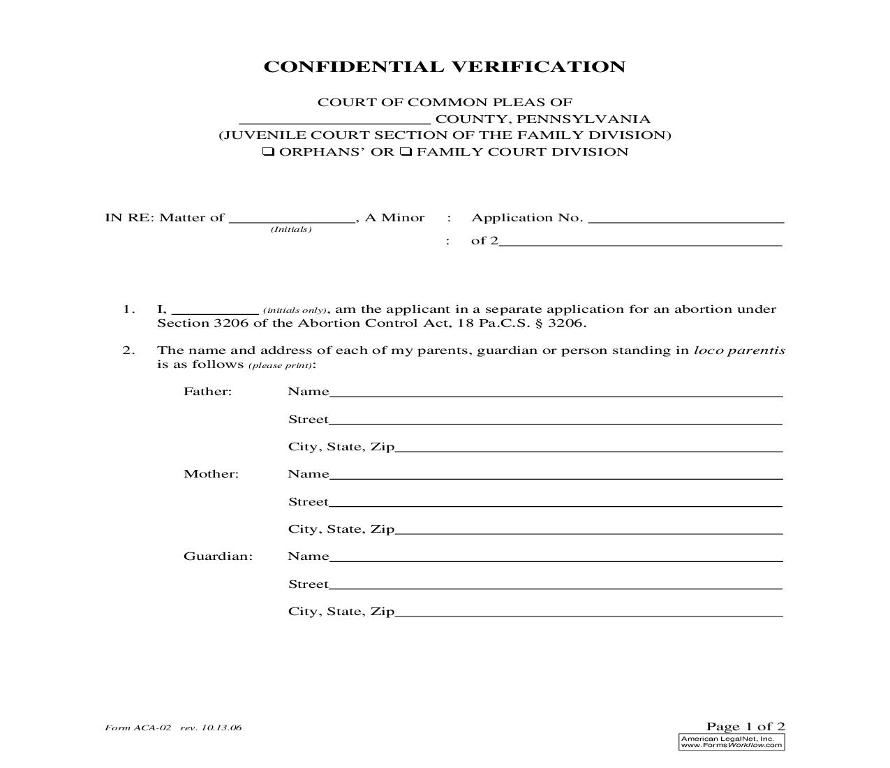 Confidential Verification {ACA-02} | Pdf Fpdf Doc Docx | Pennsylvania