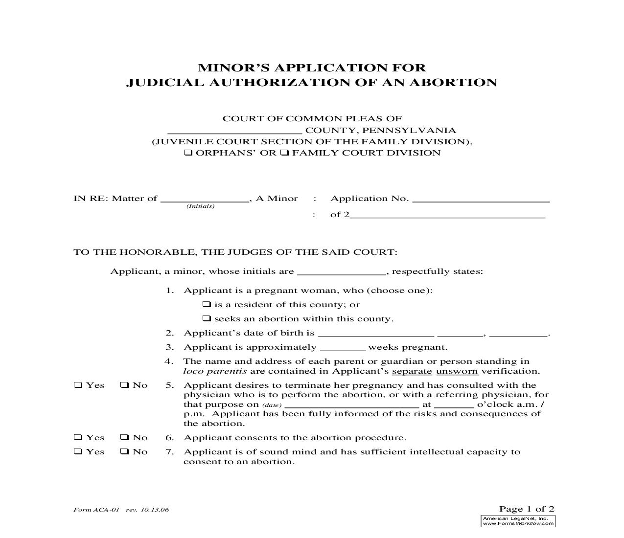 Minors Application For Judicial Authorization Of Abortion {ACA-01} | Pdf Fpdf Doc Docx | Pennsylvania