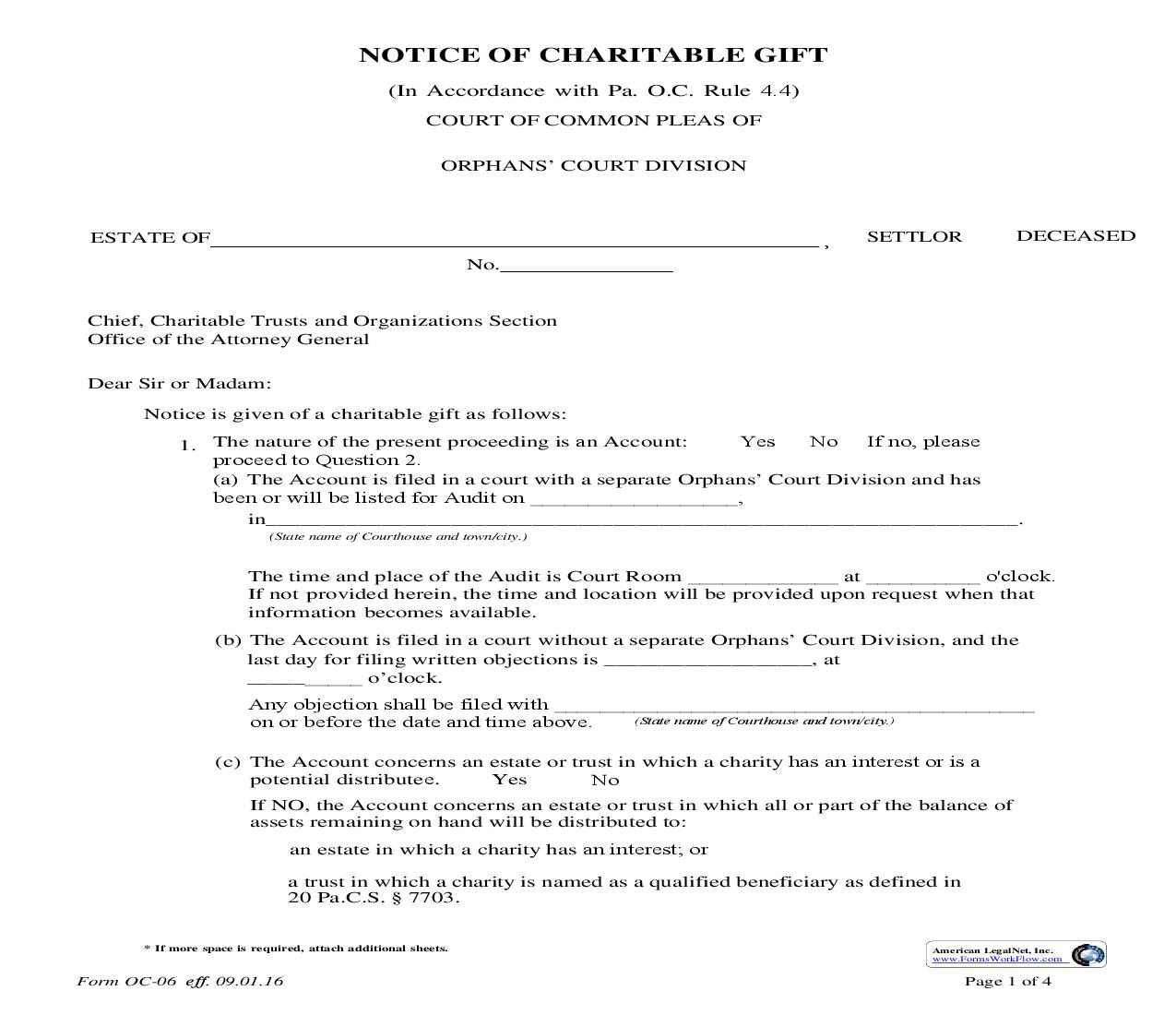 Notice Of Charitable Gift {OC-06} | Pdf Fpdf Doc Docx | Pennsylvania