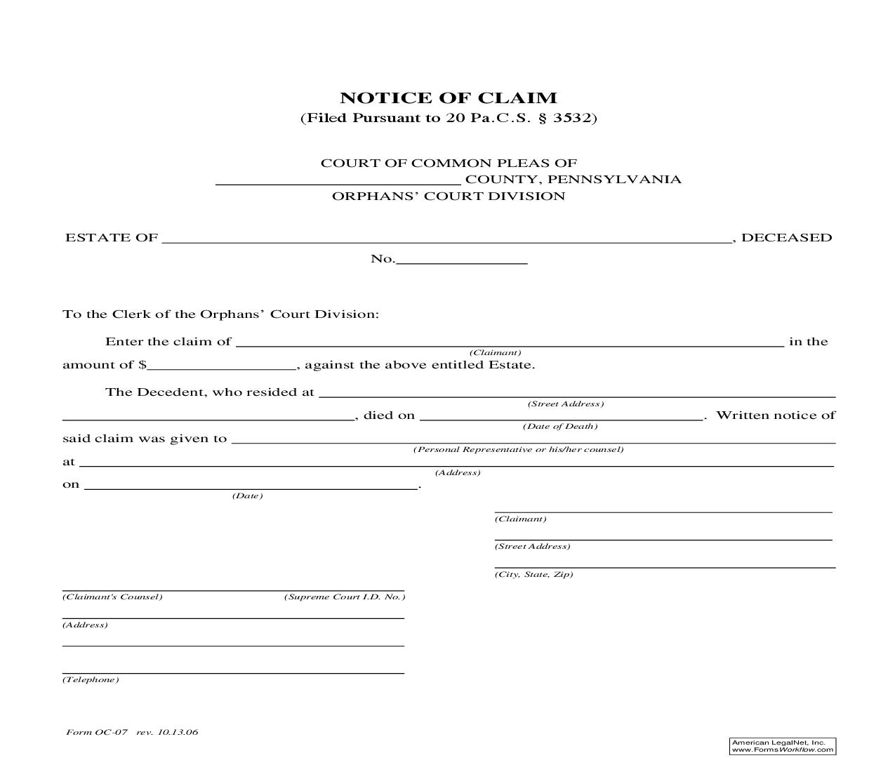 Notice Of Claim {OC-07} | Pdf Fpdf Doc Docx | Pennsylvania