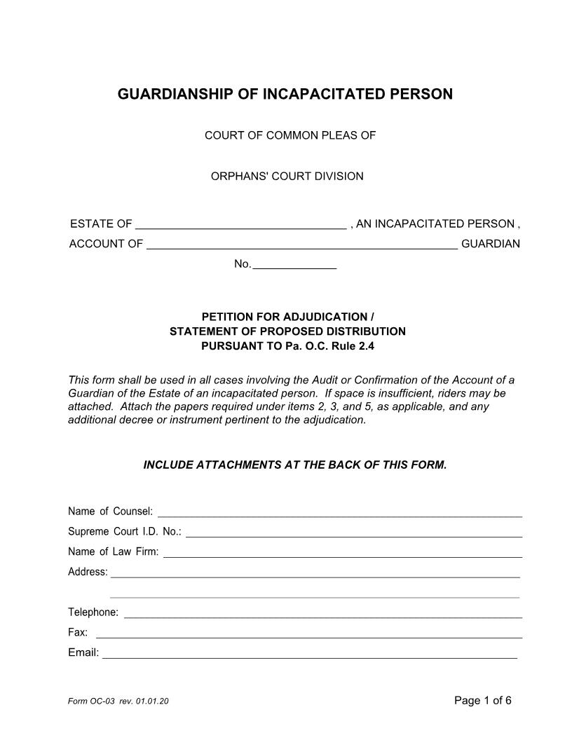 Petition For Adjudication-Statement Of Proposed Distribution (Incapacitated Person) {OC-03} | Pdf Fpdf Doc Docx | Pennsylvania