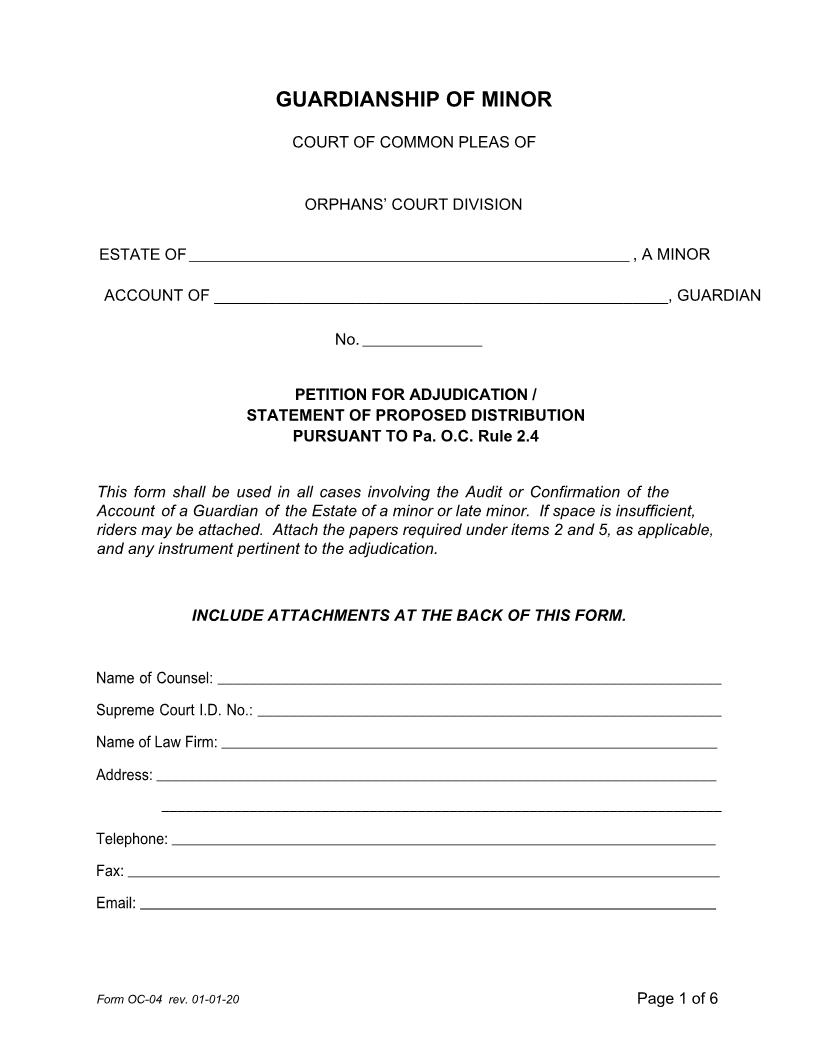 Petition For Adjudication-Statement Of Proposed Distribution (Minor) {OC-04} | Pdf Fpdf Doc Docx | Pennsylvania