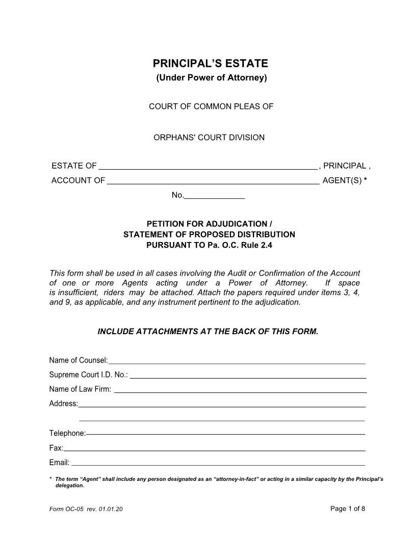 Petition For Adjudication-Statement Of Proposed Distribution (Power Of Attorney) {OC-05} | Pdf Fpdf Doc Docx | Pennsylvania