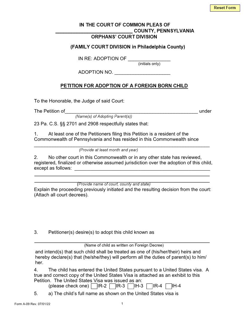Petition For Adoption Of A Foreign Born Child | Pdf Fpdf Doc Docx | Pennsylvania