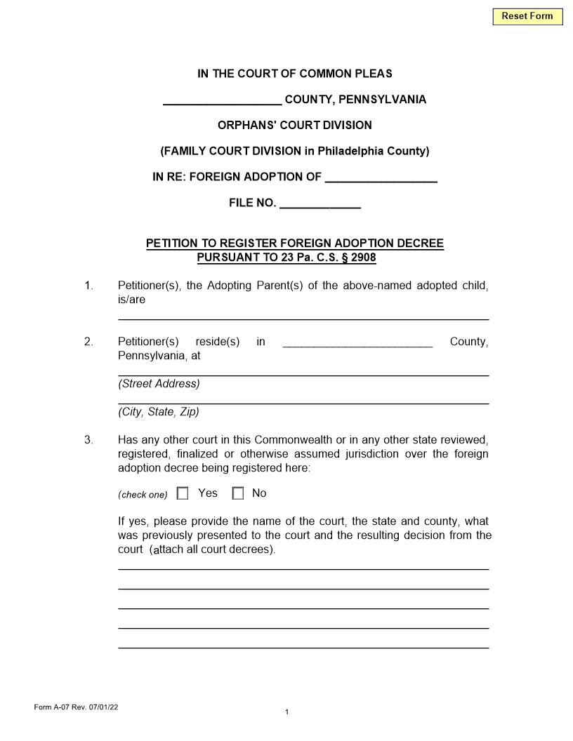 Petition To Register Foreign Adoption Decree | Pdf Fpdf Doc Docx | Pennsylvania