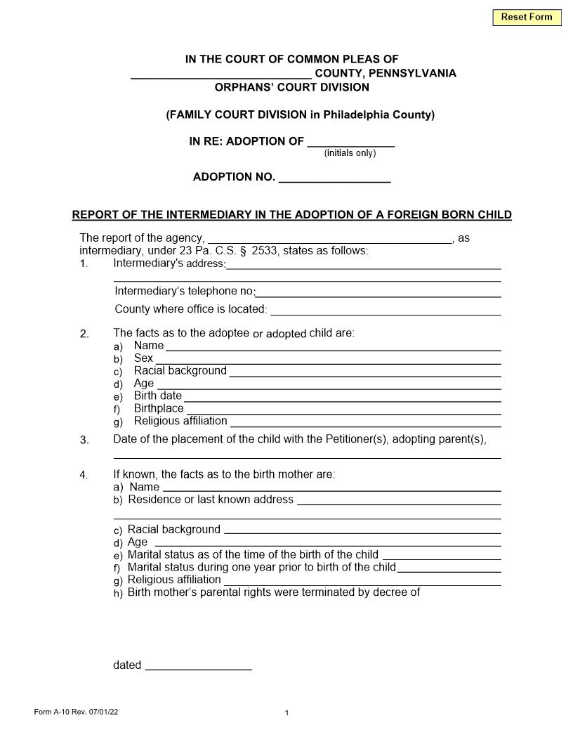 Report Of The Intermediary In The Adoption Of A Foreign Born Child | Pdf Fpdf Doc Docx | Pennsylvania