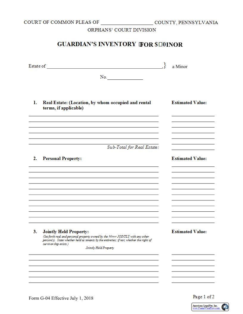 Guardians Inventory For A Minor {G-04} | Pdf Fpdf Docx | Pennsylvania
