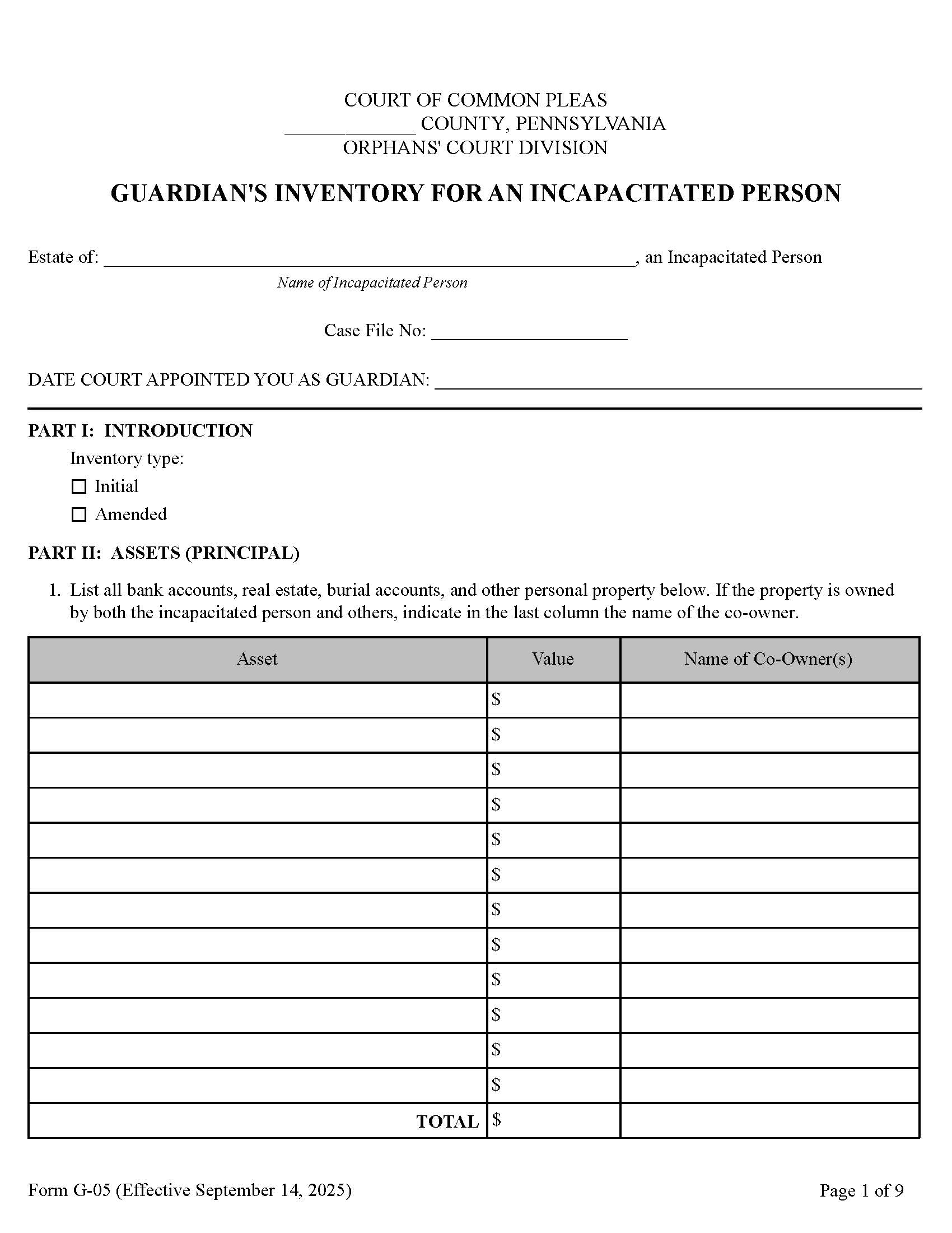 Guardians Inventory For An Incapacitated Person {G-05} | Pdf Fpdf Docx | Pennsylvania