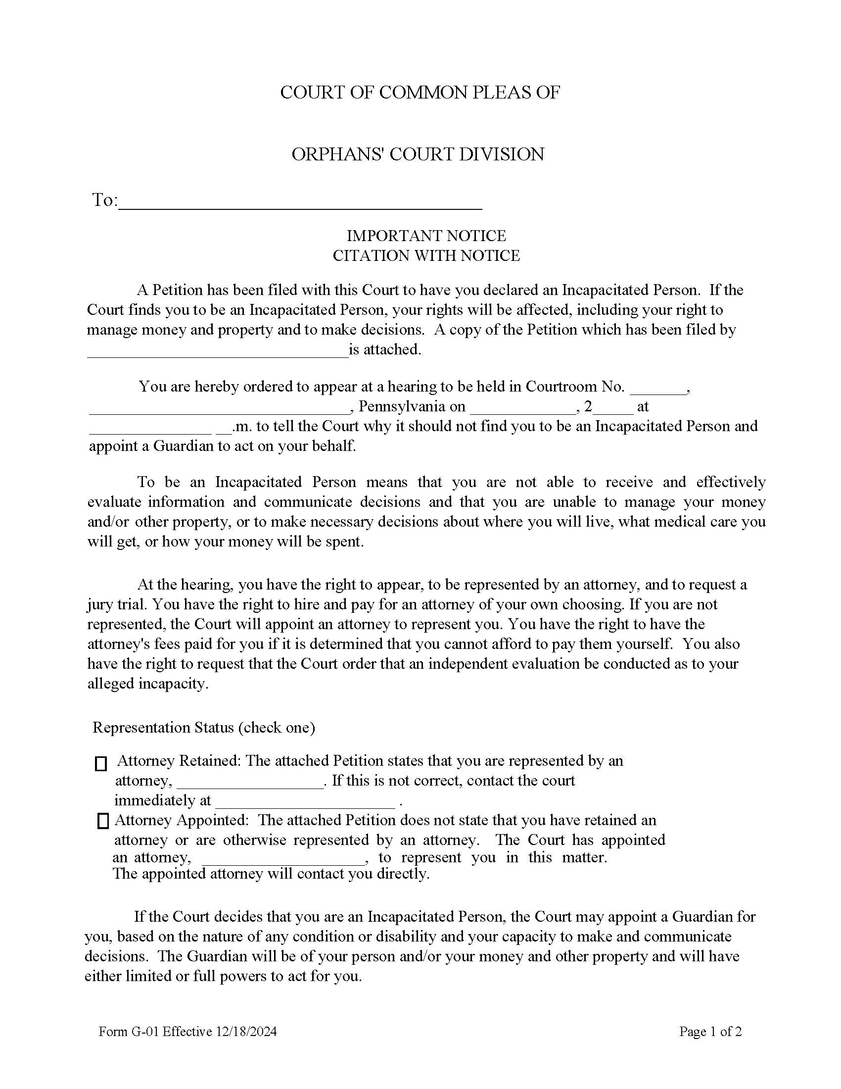 Important Notice Citation With Notice {G-01} | Pdf Fpdf Docx | Pennsylvania