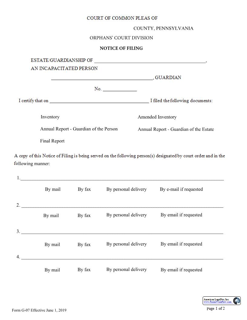 Notice Of Filing {G-07} | Pdf Fpdf Docx | Pennsylvania