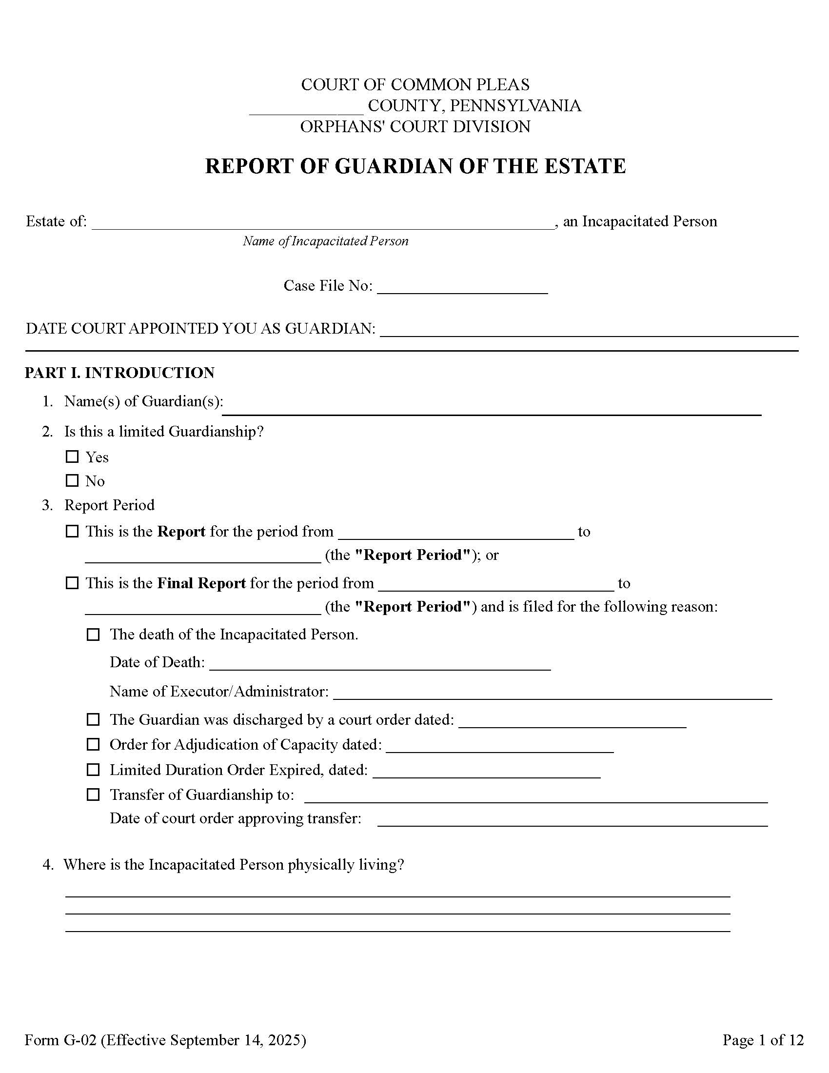 Report Of Guardian Of The Estate {G-02} | Pdf Fpdf Docx | Pennsylvania