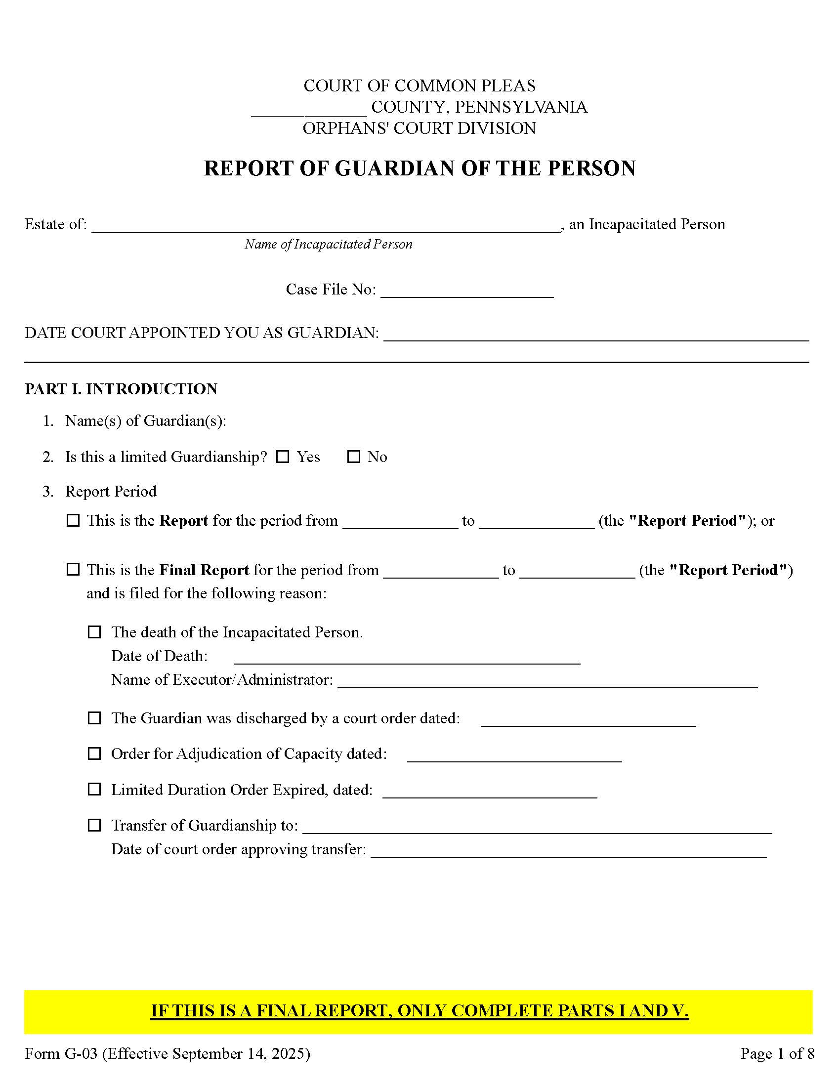 Report Of Guardian Of The Person {G-03} | Pdf Fpdf Docx | Pennsylvania