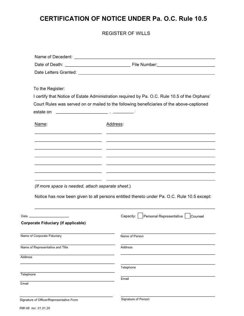 Certification Of Notice {RW-08} | Pdf Fpdf Doc Docx | Pennsylvania