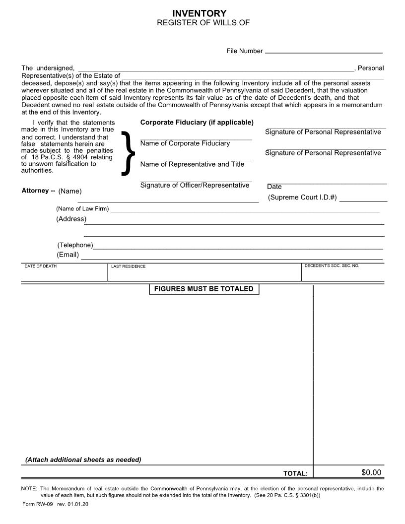 Inventory {RW-09} | Pdf Fpdf Doc Docx | Pennsylvania