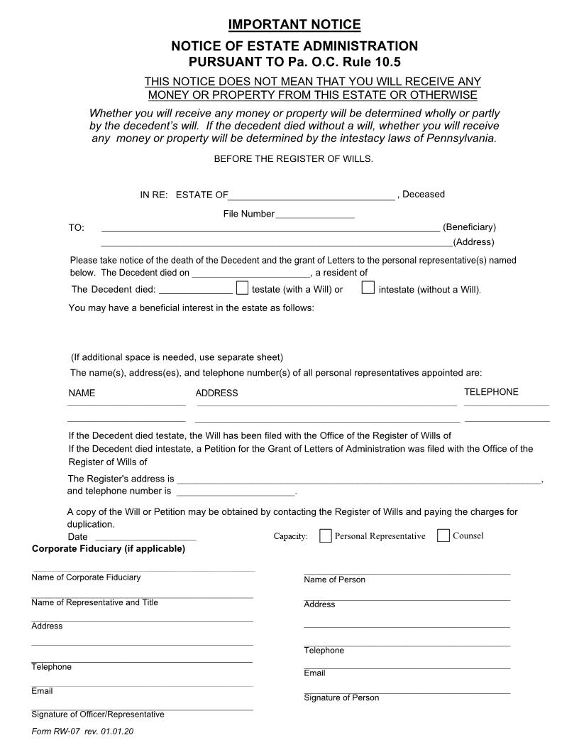 Notice Of Estate Administration {RW-07} | Pdf Fpdf Doc Docx | Pennsylvania