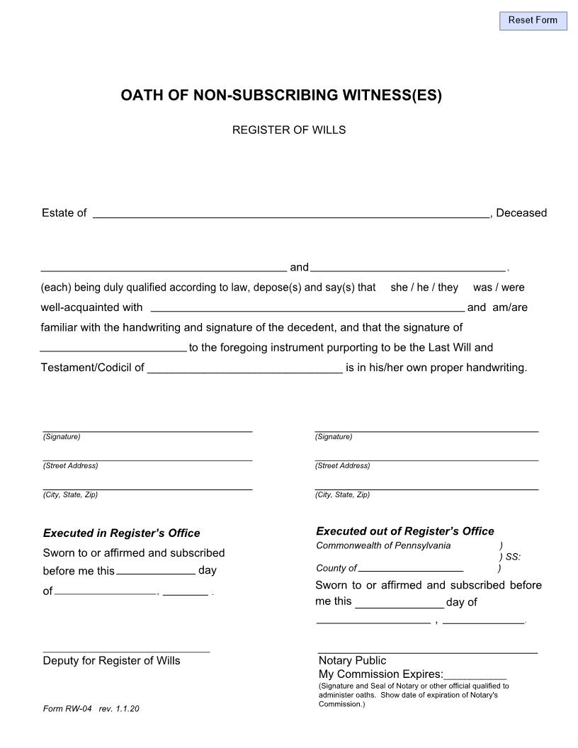 Oath Of Non-Subscribing Witness(es) {RW-04} | Pdf Fpdf Doc Docx | Pennsylvania