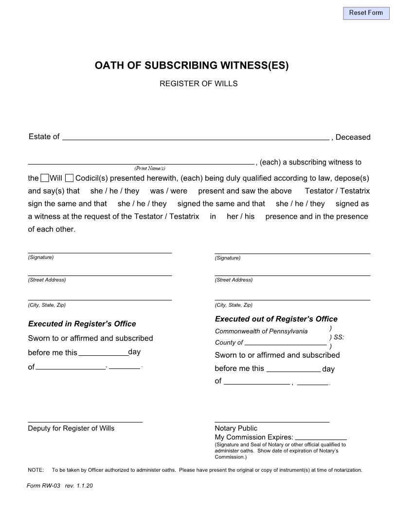 Oath Of Subscribing Witness(es) {RW-03} | Pdf Fpdf Doc Docx | Pennsylvania