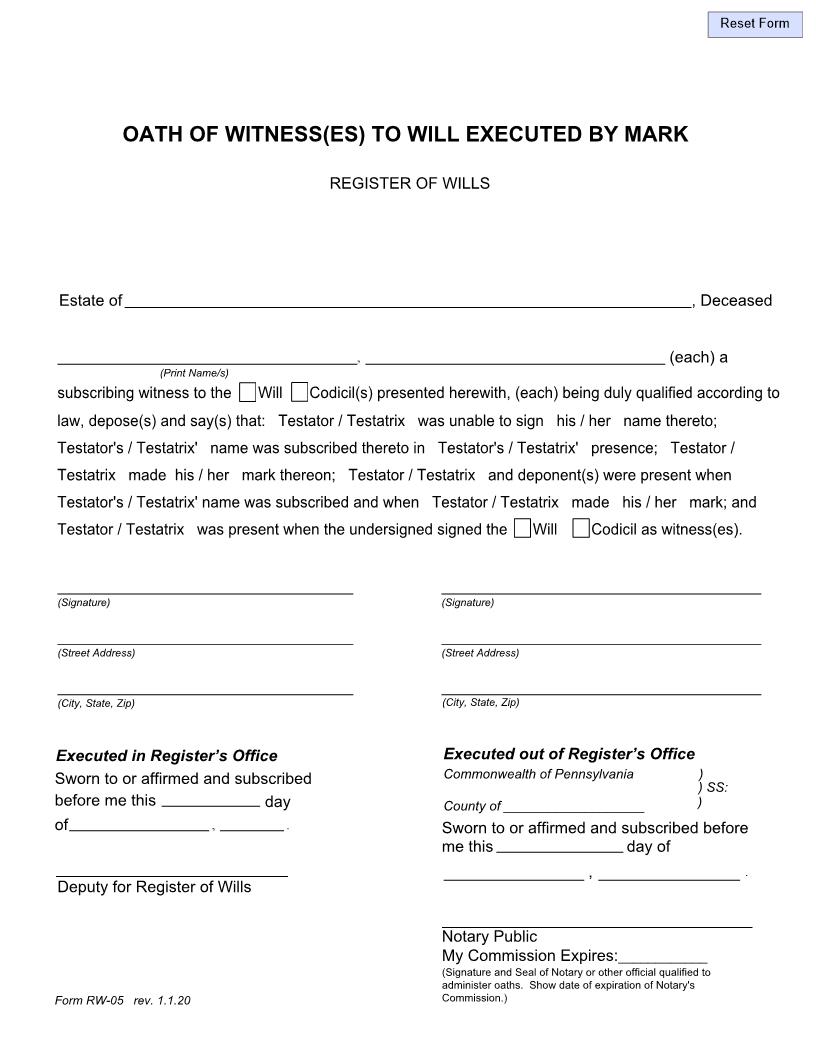 Oath Of Witness(es) To Will Executed By Mark {RW-05} | Pdf Fpdf Doc Docx | Pennsylvania