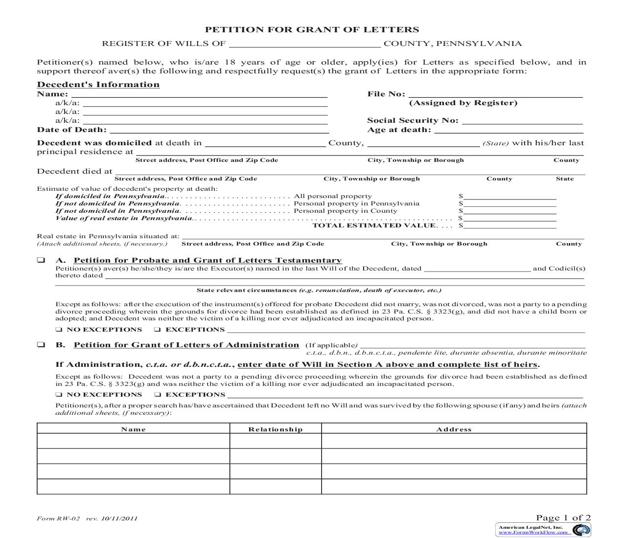 Petition For Grant Of Letters {RW-02} | Pdf Fpdf Doc Docx | Pennsylvania